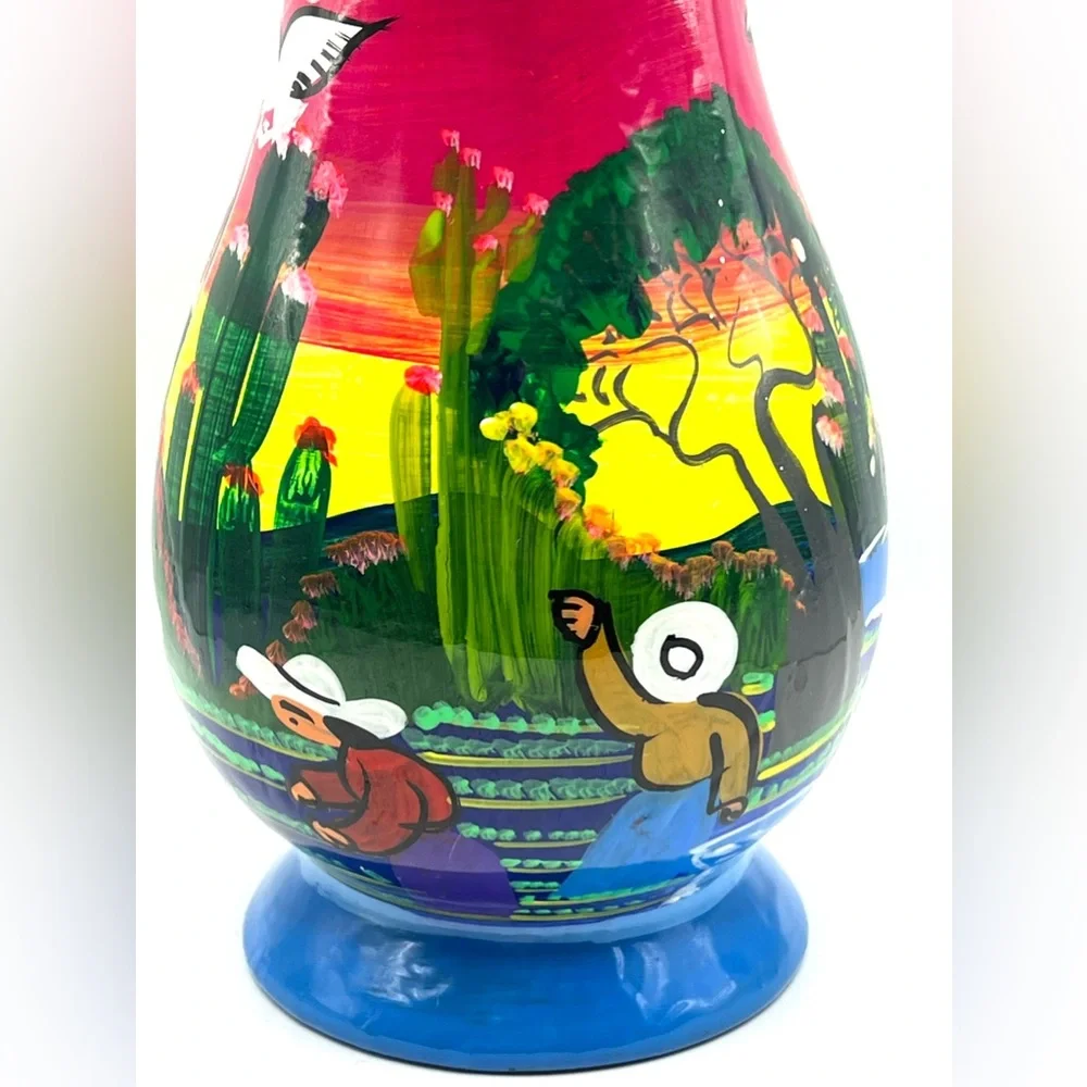 Mexican Talavera Folk Art Handpainted Colorful Flower Decorative Vase 8.5 in